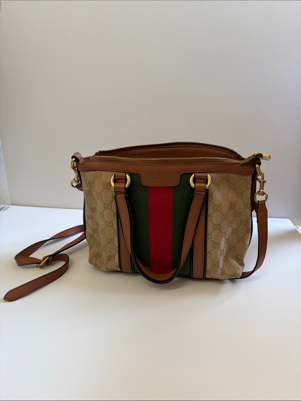Gucci Brown GG Canvas Shoulder Bag with Red & Green Web